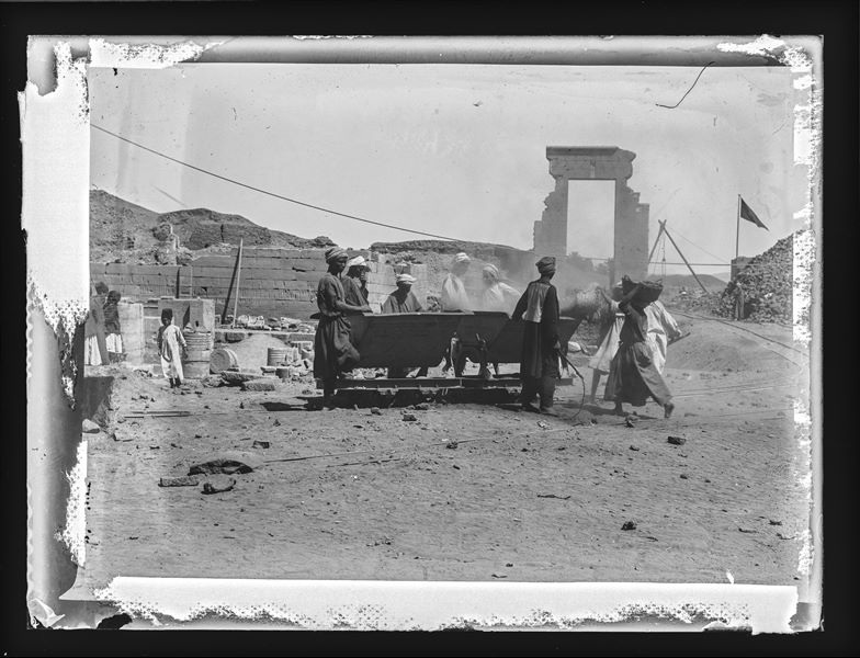  Egyptian workmen, working near the entrance pylon of the Temple of Hathor at Dendera.