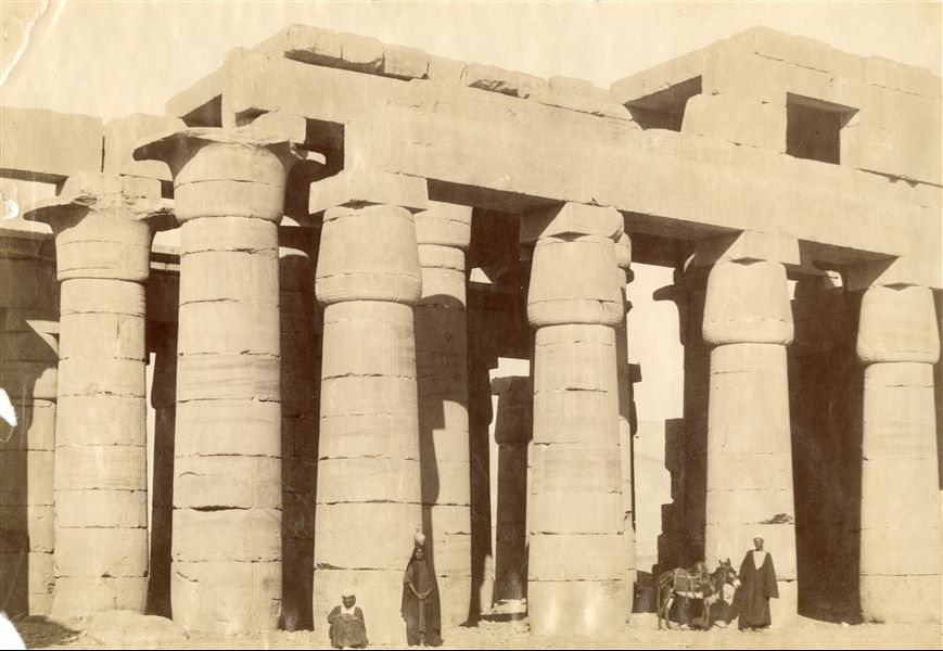 The photogrpah shows the north side of the colonnade from the Hypostyle Hall in the Ramesseum, while two men, a woman and a donkey look towards the camera lens. The bases of the columns are still under the sand. The photograph can be attributed to Antonio Beato.