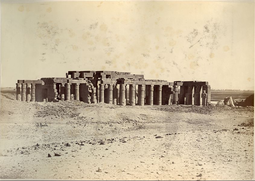 General view of the Ramesseum, West Thebes, built by Pharaoh Ramesses II. The Nile is visible in the background. The author's signature is on the left, towards the bottom.