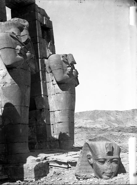 Two of the four Osiride pillars still standing (albeit missing their heads). They are in the portico of the second court (north-west corner), towards the entrance of the hypostyle hall, near the mortuary temple of Ramesses II. 