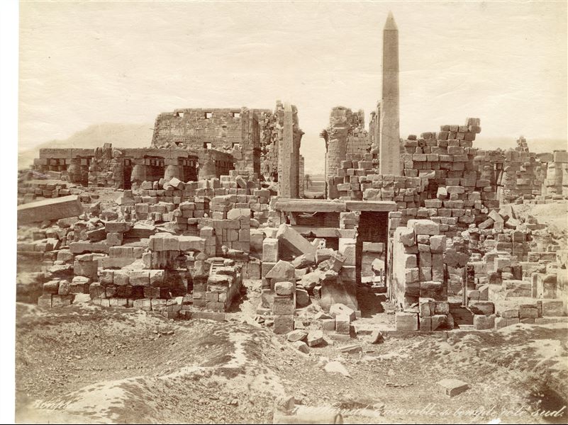 The photograph represents a view of the western wing of the Karnak Temple Complex, taken from the central courtyard where the Middle Kingdom temple was founded. Among the rubble stand the obelisks of Hatshepsut (right) and Tuthmosis I (left); the structures in the foreground correspond to the chapels of Hatshepsut and the sanctuary for the sacred boat of Philip Arrhidaeus. In the background, the columns of the Great Hypostyle Hall built by Seti I stand out. The author's signature (partially blurred) is at the bottom left. 