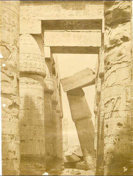 Lo scatto riprende una parte del colonnato della Grande Sala Ipostila del complesso templare di Amon a Karnak. Le colonne papiriformi, una delle quali inclinata e a rischio di caduta, sono ancora parzialmente insabbiate. In basso la firma dell’autore.