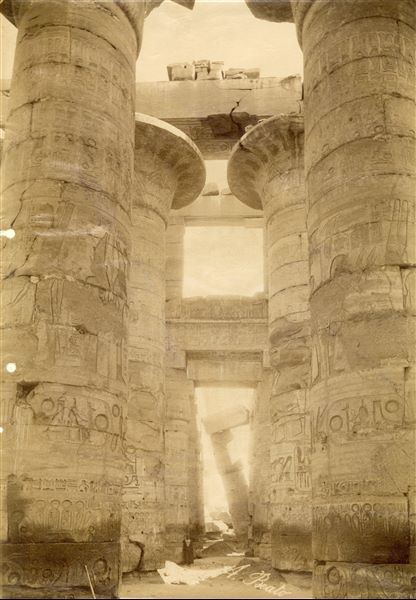The photograph shows the central columns of the Ramesside Great Hypostyle Hall built in the Karnak Temple Complex. The author's signature is visible at the bottom centre. 