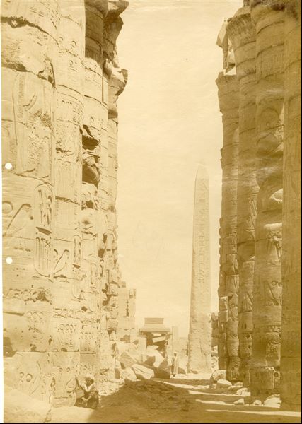 L'immagine mostra una veduta del corridoio centrale della Grande Sala Ipostila voluta dal faraone Seti I nel complesso templare di Amon a Karnak, che culmina nel III pilone: nello spiazzo tra il III e il IV pilone si vede l'obelisco superstite del faraone Thutmosi I. L'opera è attribuibile a Beato.