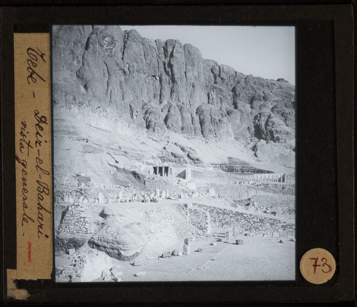 General view of Deir el-Bahari. The ruins of all three temples are visible. From the left: the Temple of Montuhotep II, the Temple of Tuthmosis III and the Temple of Queen Hatshepsut.