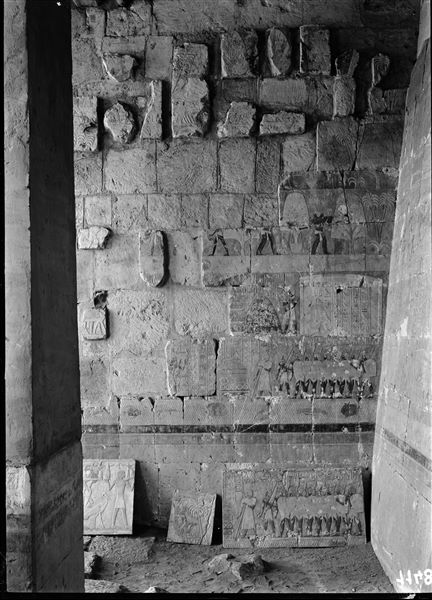 South side of the mortuary temple of Queen Hatshepsut at Deir el-Bahari. Wall scene from the portico in the middle terrace depicting the journey to Punt. 