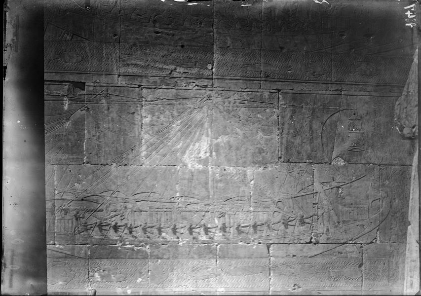 South side of the mortuary temple of Queen Hatshepsut at Deir el-Bahari. Wall scene from the portico in the middle terrace depicting the Egyptian fleet. 