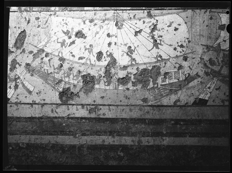 Left sidewall from the chapel of Maia. Lower register depicting the second sailboat. Schiaparelli excavations. 