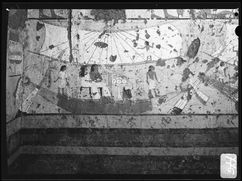 Left sidewall from the chapel of Maia. The lower register displays the sailboat where Maia and his wife Tamit are seated, in front of them is an offering table. Schiaparelli excavations.