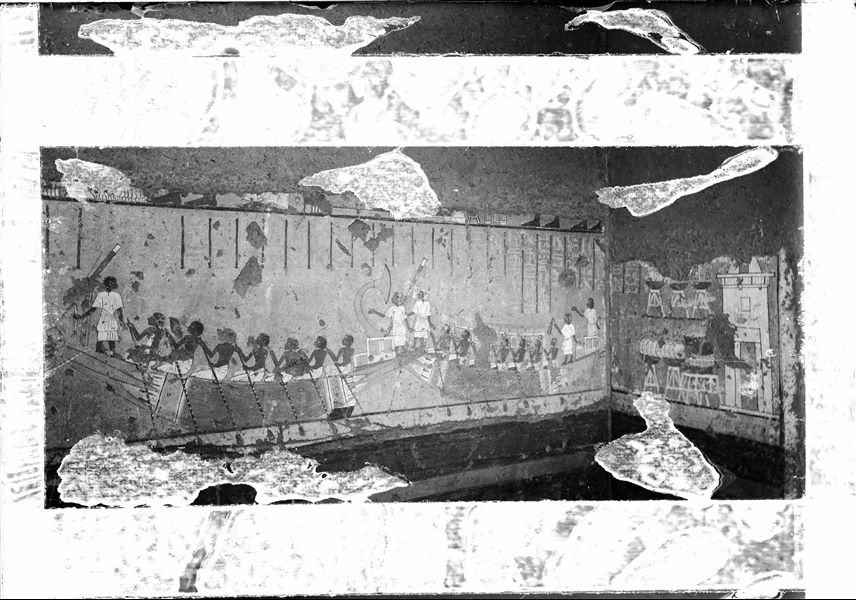 Right sidewall from the chapel of Maia. Two rowing boats from the journey to Abydos are depicted. On the right, the right side of the entrance wall shows a representation of the chapel of Maia and baskets full of offerings. Museum display.