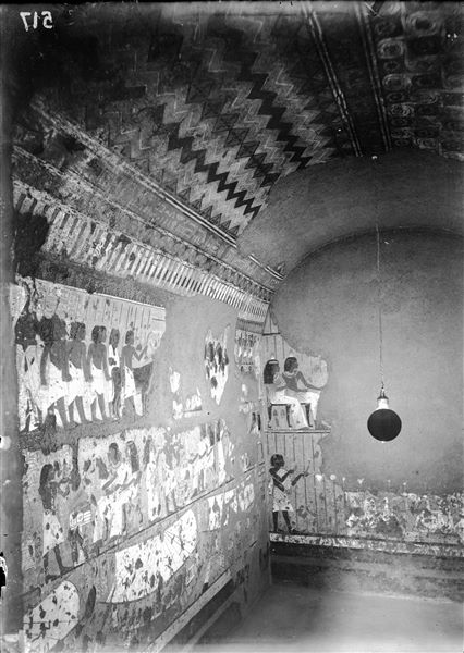 General view of the left sidewall and part of the back wall from the chapel of Maya, reconstructed at Museo Egizio. 