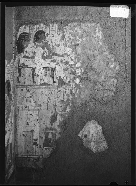 Right sidewall from the chapel of Maya. The upper register shows Maya and his wife Tamit seated next to an offering table. In the lower register there is a chapel. The painting was restored and reconstructed at Museo Egizio. 