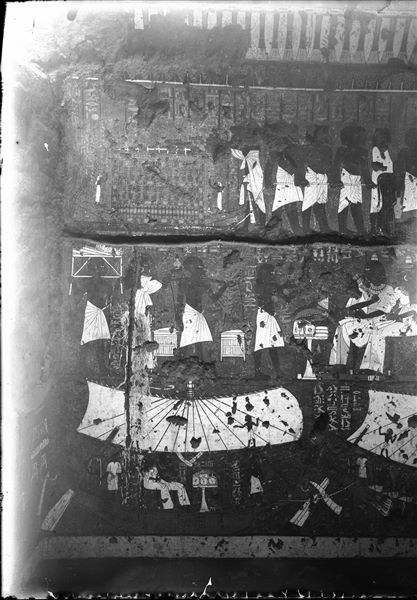 Left sidewall from the chapel of Maya. In the upper register, the towing of the sarcophagus by six men and a pair of oxen. In the centre register, an offering scene to the deceased couple. Finally, in the lower register, a sailboat where Maya and his wife Tamit are seated; in front of them is an offering table. Schiaparelli excavations.