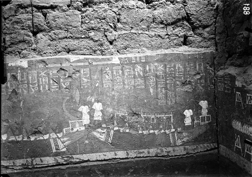 Right sidewall from the chapel of Maya. Two rowing boats from the journey to Abydos are depicted. Schiaparelli excavations.