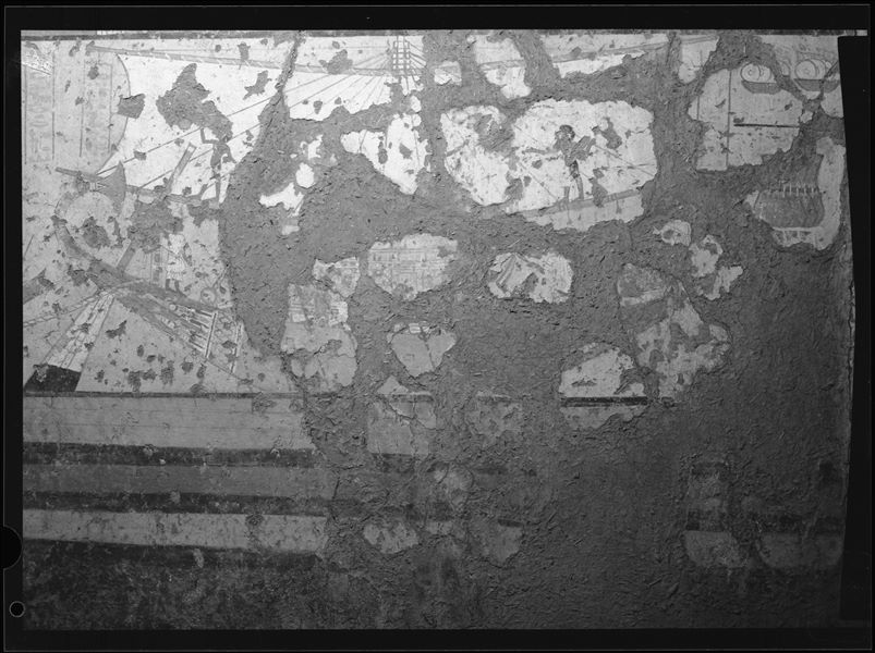 Left sidewall from the chapel of Maya. Lower register, the third sailboat is visible on the far right of the wall. It is the least well preserved out of the three sailboats. Schiaparelli excavations.