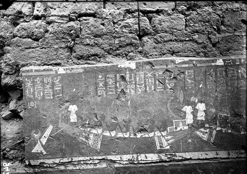Right sidewall from the chapel of Maya. Two rowing boats from the journey to Abydos are depicted. Schiaparelli excavations.