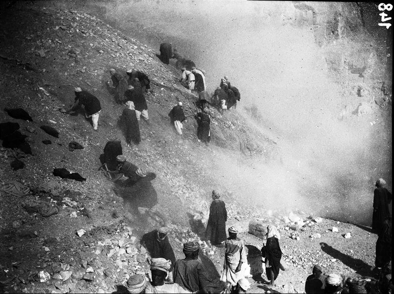 Excavations along the slope of the mountain, on the right side of the temple of the goddess Hathor. Schiaparelli excavations. 
