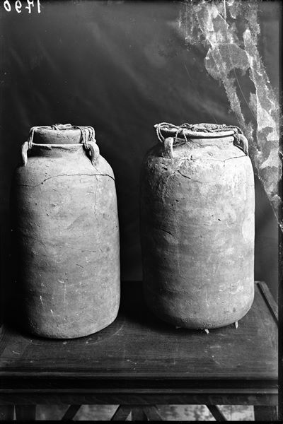 The two jars containing the papyrus scrolls discovered in 1905. Photograph taken at the Museum . Schiaparelli excavations. 