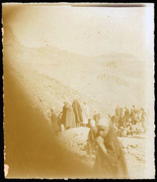 Excavating north of the temple of Hathor. Photograph slightly covered and blurred. Schiaparelli excavations.