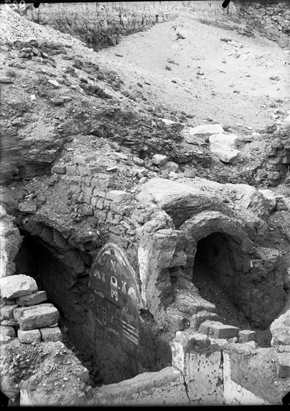 Votive chapel n°2, with cartuches of Thutmose III, inside the temple enclosure of the goddess Hathor. View of the north wall. Schiaparelli excavations. 
