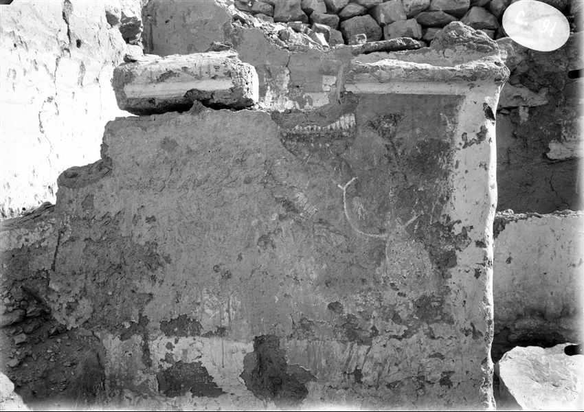 Chapel for the Opet Festival  near the north wall of the village. Detail of the decorative remains to the left of the passage. Schiaparelli excavations. 