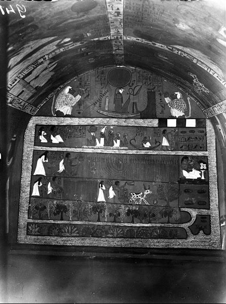 East wall of the tomb of Sennedjem (TT1). Below the solar barque with Re-Horakhty depicting a baboon on either side of the vessel; the lower registers present scenes of life in the fields of the Netherworld, referring to Spell 110 of the Book of the Dead. 