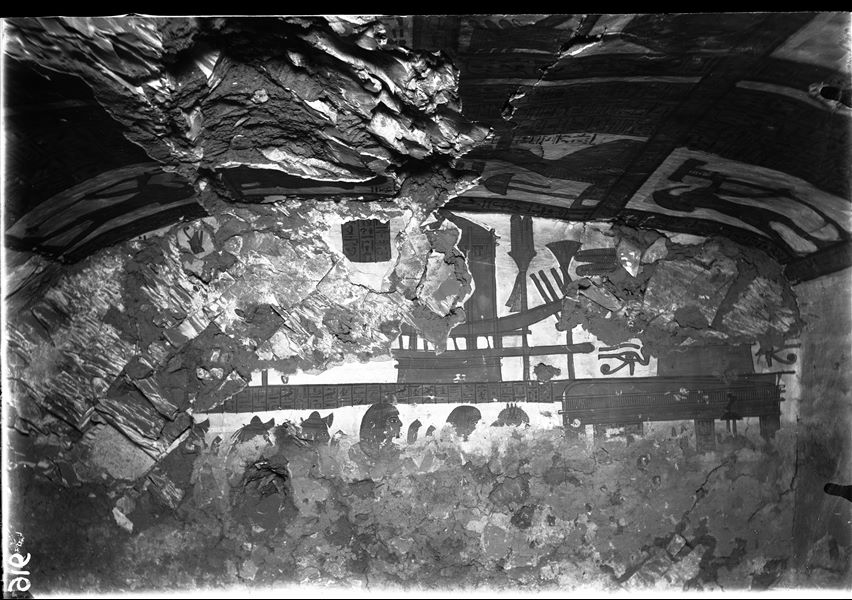 West wall, badly damaged, from the burial chamber of the tomb of Paneb (TT221).  
