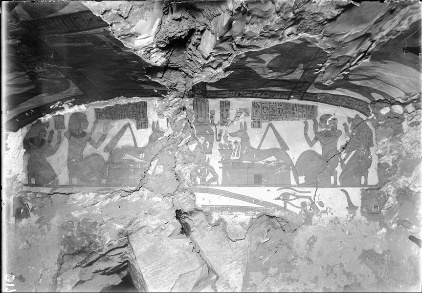 East wall, badly damaged, from the burial chamber of the tomb of Paneb (TT221).  