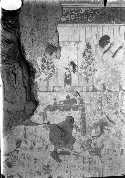 East wall of the chapel from the tomb of Amenemipet (TT 215). In the upper register, a funerary procession starts from a shrine between two trees. The register below is less visible but also displays a funeral procession. 