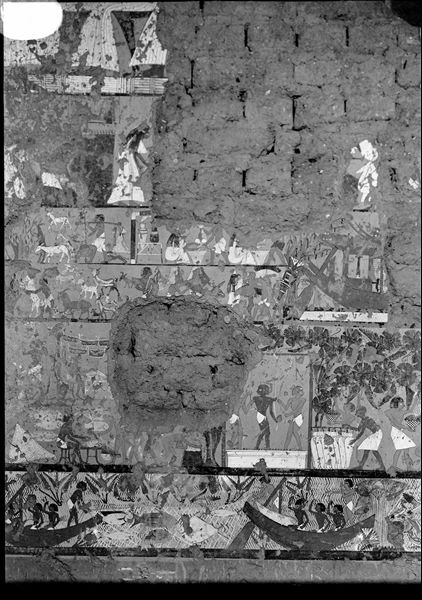 East wall, north side, from the transverse chamber of the tomb of Ipuy (TT 217). Five registers are depicted, relating to aspects of daily life. The first from below is clearly visible, with scenes of fishing, while the second from below, in the centre, displays the production of wine, now no longer visible. 