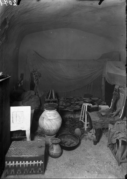 Burial chamber of the intact tomb of Kha and Merit, at the time of discovery. Schiaparelli excavations.