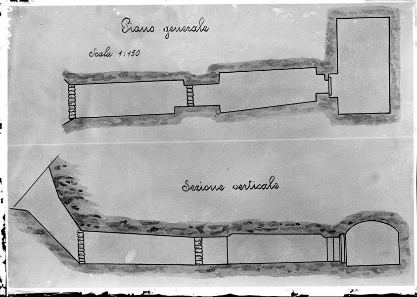 General plan and vertical section of the tomb of Kha. Scale 1:150, drawn by Francesco Ballerini.