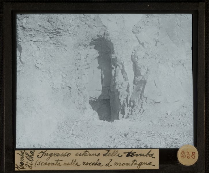 The entrance, carved into the mountain, to the tomb of Kha and Merit. Schiaparelli excavations. 