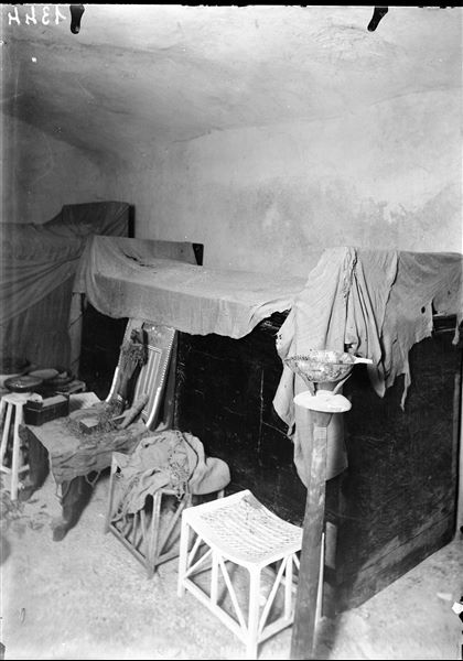 Burial chamber of the intact tomb of Kha and Merit, at the time of discovery. Schiaparelli excavations. 