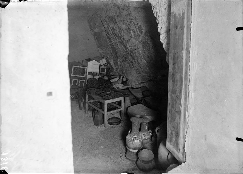 Intact tomb of Kha and Merit, entrance to the burial chamber at the time of discovery. Schiaparelli excavations.