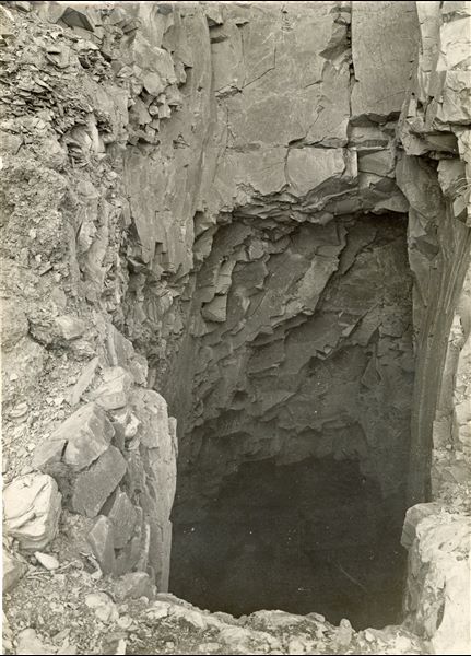 Entrance to the burial shaft leading to the intact tomb of Kha and Merit, presumably photographed at the time of excavating. Schiaparelli excavations. 