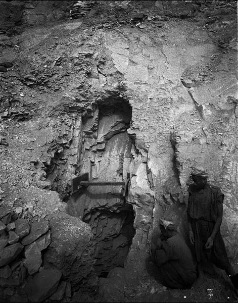 Access to the burial shaft of the intact tomb of Kha and Merit. Photographed at the time of discovery. Schiaparelli excavations.