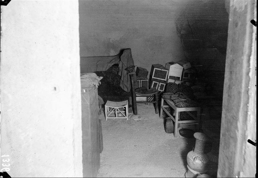 Intact tomb of Kha and Merit, entrance to the burial chamber at the time of discovery. Schiaparelli excavations.