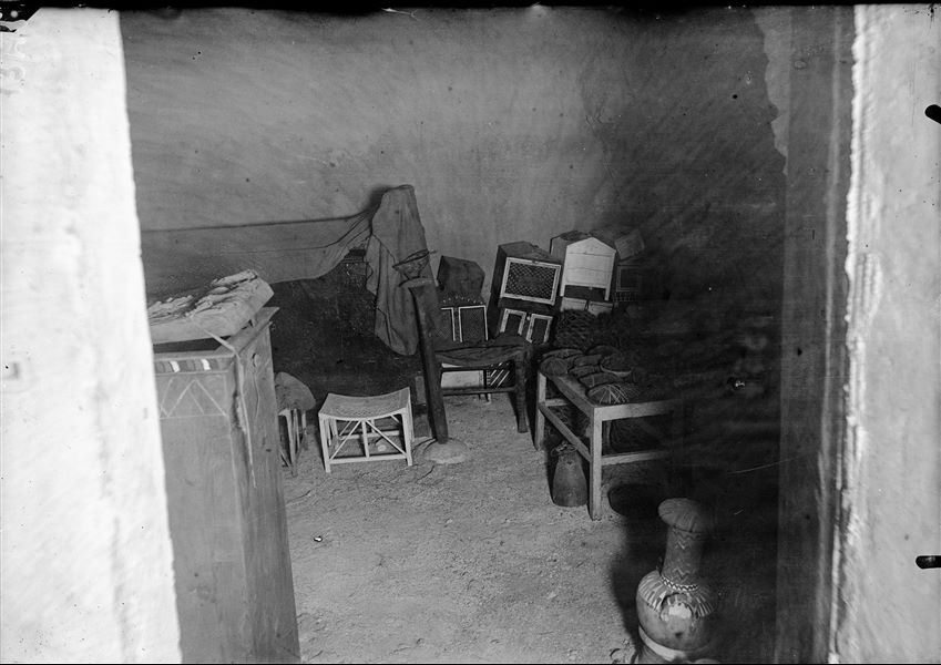 Intact tomb of Kha and Merit, entrance to the burial chamber at the time of discovery. Schiaparelli excavations.