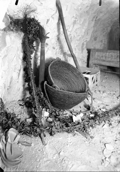 Intact tomb of Kha and Merit, objects placed in the corridor leading to the burial chamber. Photograph taken at the time of discovery. Schiaparelli excavations.