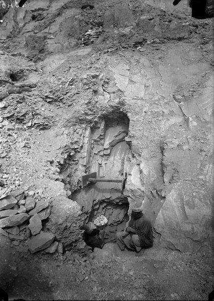 Access to the burial shaft of the intact tomb of Kha and Merit. Photographed at the time of discovery. Schiaparelli excavations.