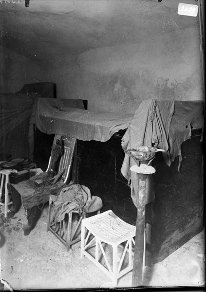 Burial chamber of the intact tomb of Kha and Merit, at the time of discovery. Schiaparelli excavations. 