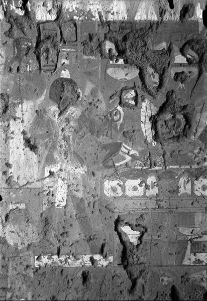 Part of the left wall from the funerary chapel of Kha and Merit. Some people bring offerings to a table where Kha and Merit (both not visible here) are seated. Schiaparelli excavations.