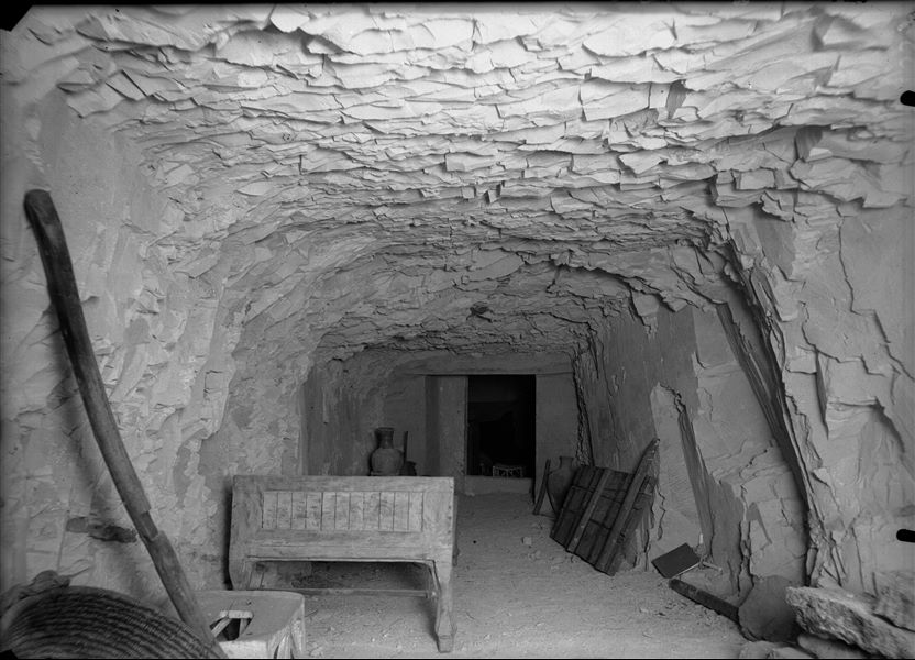 Intact tomb of Kha and Merit, the entrance corridor to the burial chamber. The bed of Kha (S.08627) is visible in the foreground. Photographed at the time of discovery. Schiaparelli excavations.
