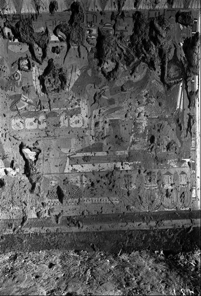 Part of the left wall from the funerary chapel of Kha and Merit. Kha and Merit are in front of an offering table. Schiaparelli excavations.