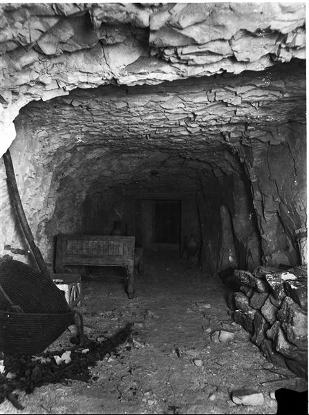Intact tomb of Kha and Merit, the entrance corridor to the burial chamber. Photographed at the time of discovery, the door to access the burial chamber is still sealed. Schiaparelli excavations.