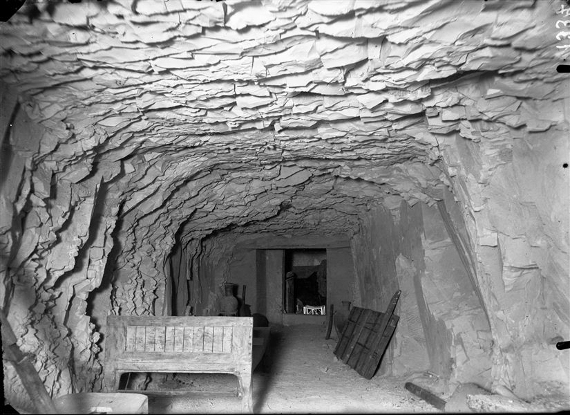 Intact tomb of Kha and Merit, the entrance corridor to the burial chamber. The bed of Kha (S.08627) is visible in the foreground. Photographed at the time of discovery. Schiaparelli excavations.