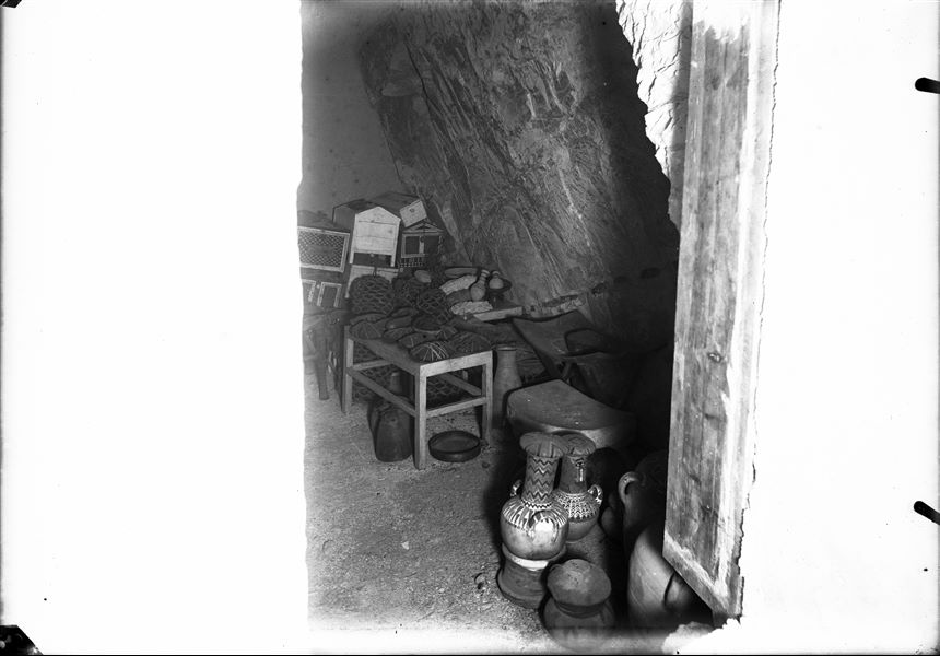 Intact tomb of Kha and Merit, entrance to the burial chamber at the time of discovery. Schiaparelli excavations.