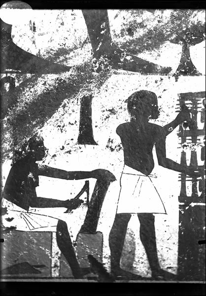 Tomb of Ipuky and Nebamun (TT 181). Detail from the south-eastern wall in the transverse chamber, depicting two craftsmen at work.  