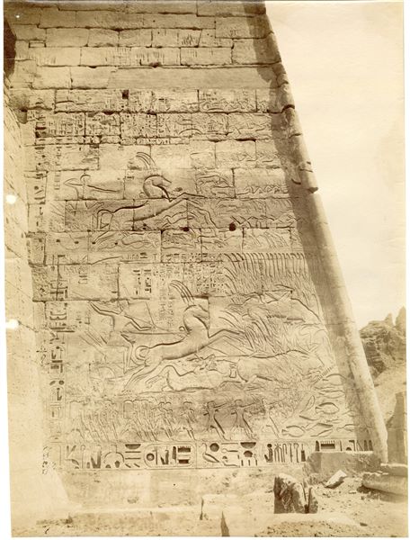 The photograph shows scenes carved on the exterior wall of the Temple of Medinet Habu, built by Pharaoh Ramesses III (exterior first pylon, south tower, west side). The pharaoh is depicted in two different moments of a hunting expedition: in the upper register, he is in pursuit of antelopes in his chariot with his outstretched bow, while in the lower register, he is armed with a spear and shoots down a buffalo. The author's signature is faintly legible at the bottom and is written in mirror image. 